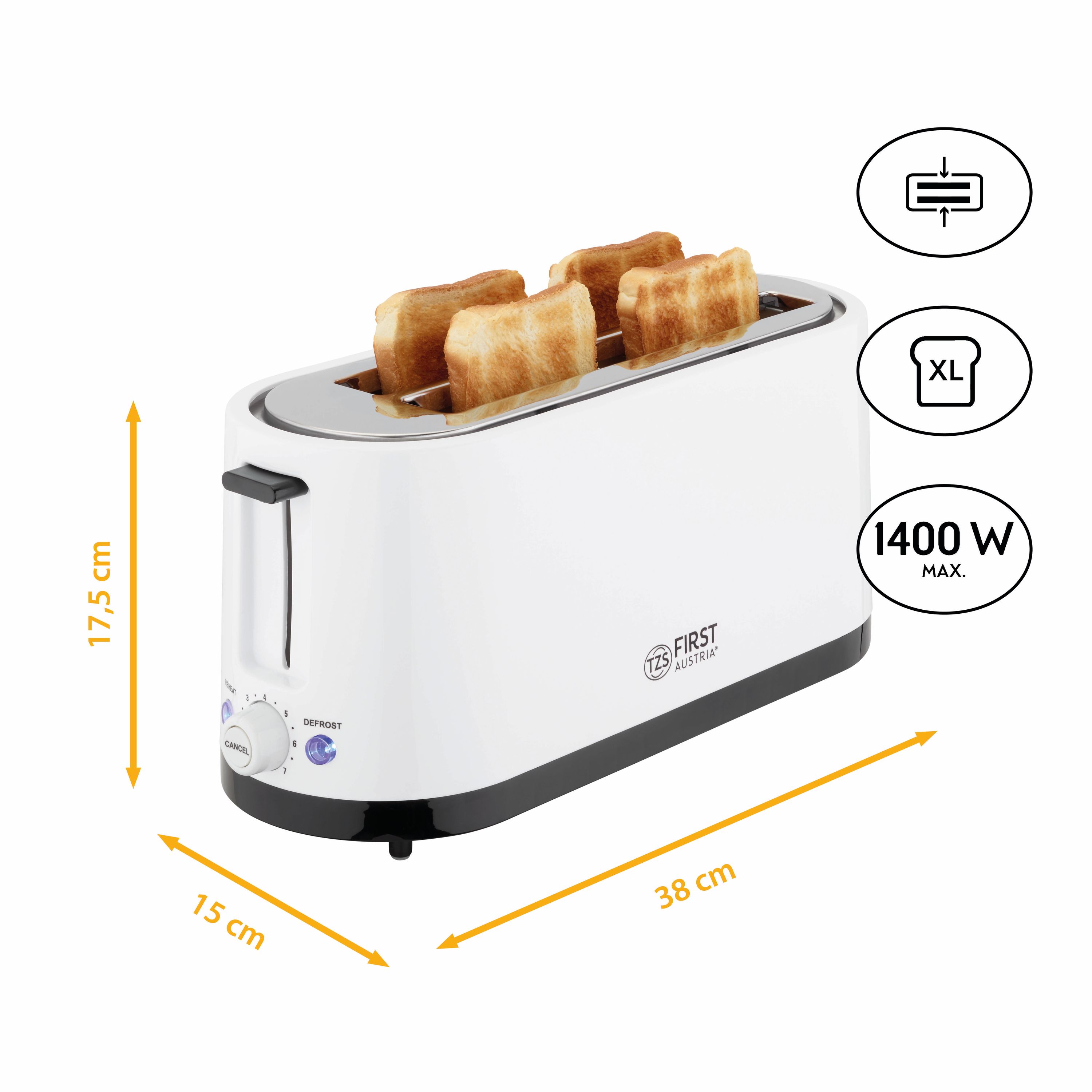 Toaster | 4 Scheiben Langschlitz | 1400W | Weiß