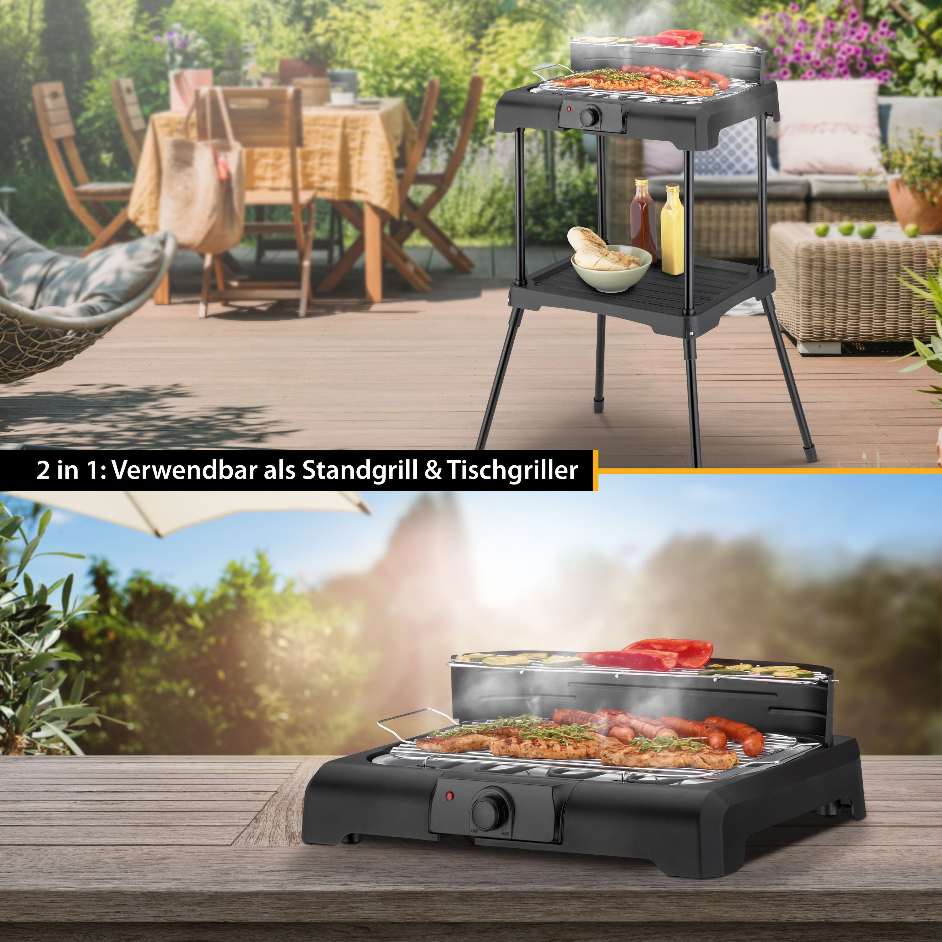 Elektrogrill | 2200 Watt | 2in1: Standgrill und Tischgrill | inkl. Standfuß