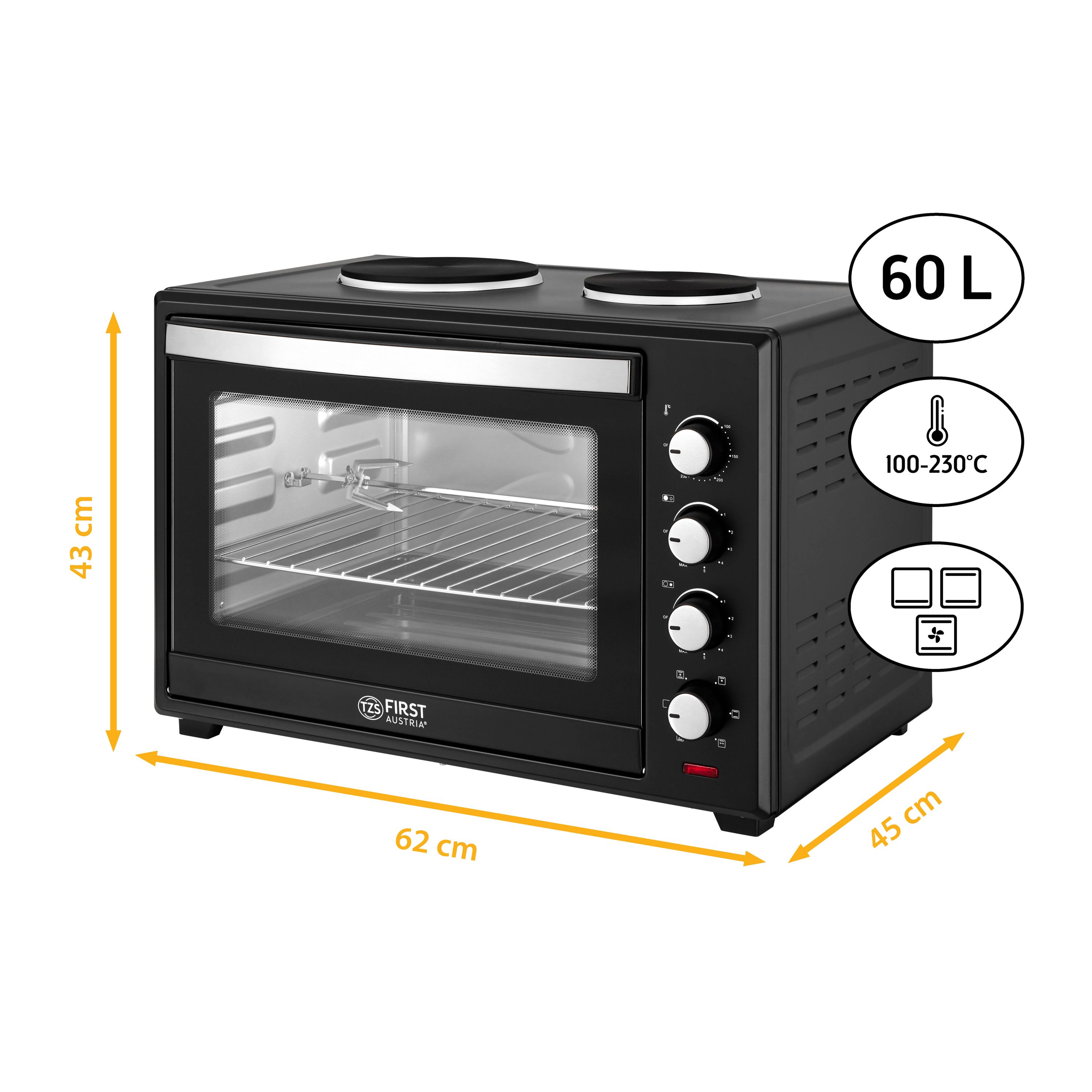 Minibackofen mit Kochplatten | 60 Liter | Schwarz