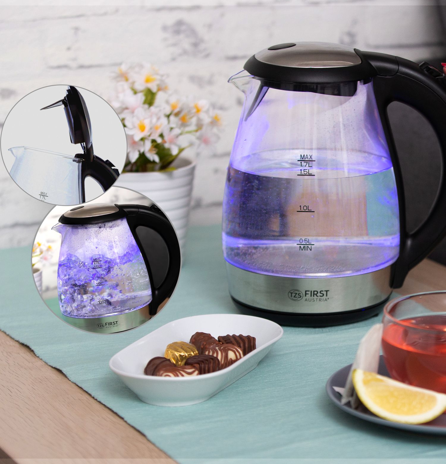 Glass kettle 2200 watts | 1.7 liters | Adjustable temp.